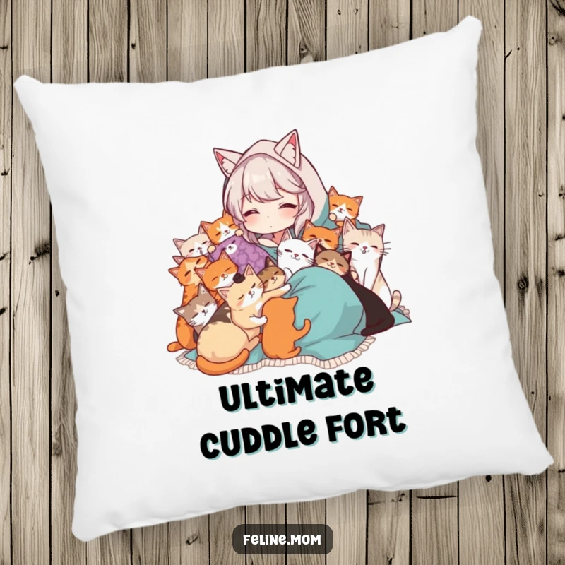 Funny Cat Lady pillow with a woman in a blanket being cuddled by many cats. Soft, warm, and humorous cushion for cat lovers.
