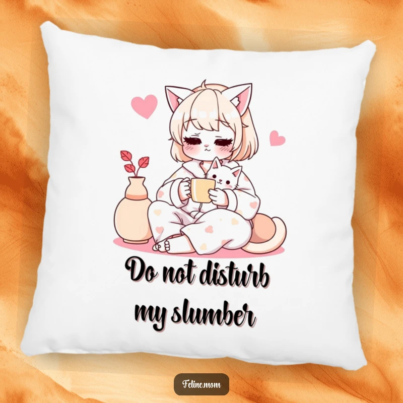 Soft and funny pillow showing a cat lady in pajamas sharing tea with her cat, a cozy home decor item.