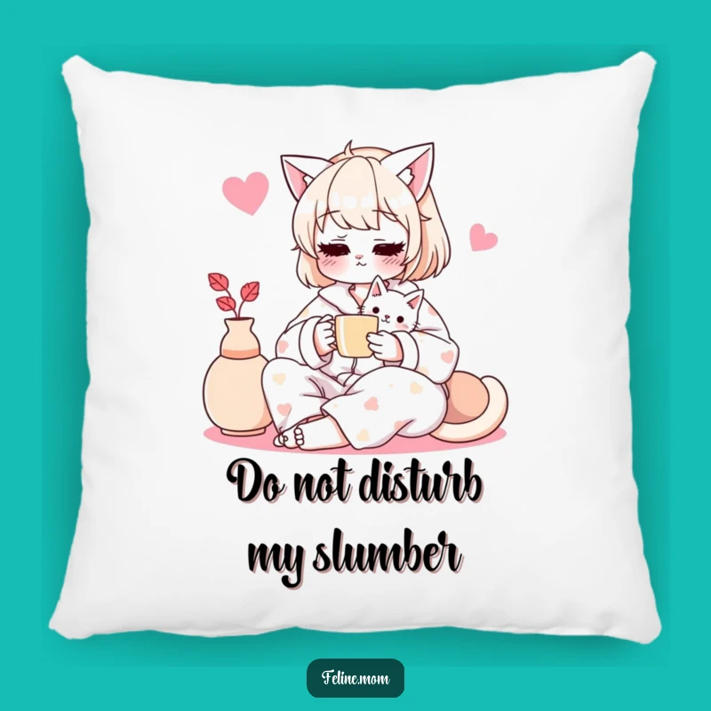 Funny Cat Lady Pillow: Cozy Pajama Tea Time with Cat, Soft Decorative Accent