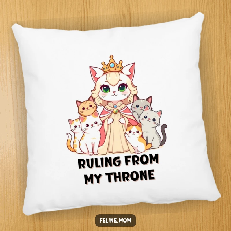 Funny cat lady as a queen, with her cats as her royal court, on a soft, decorative pillow.