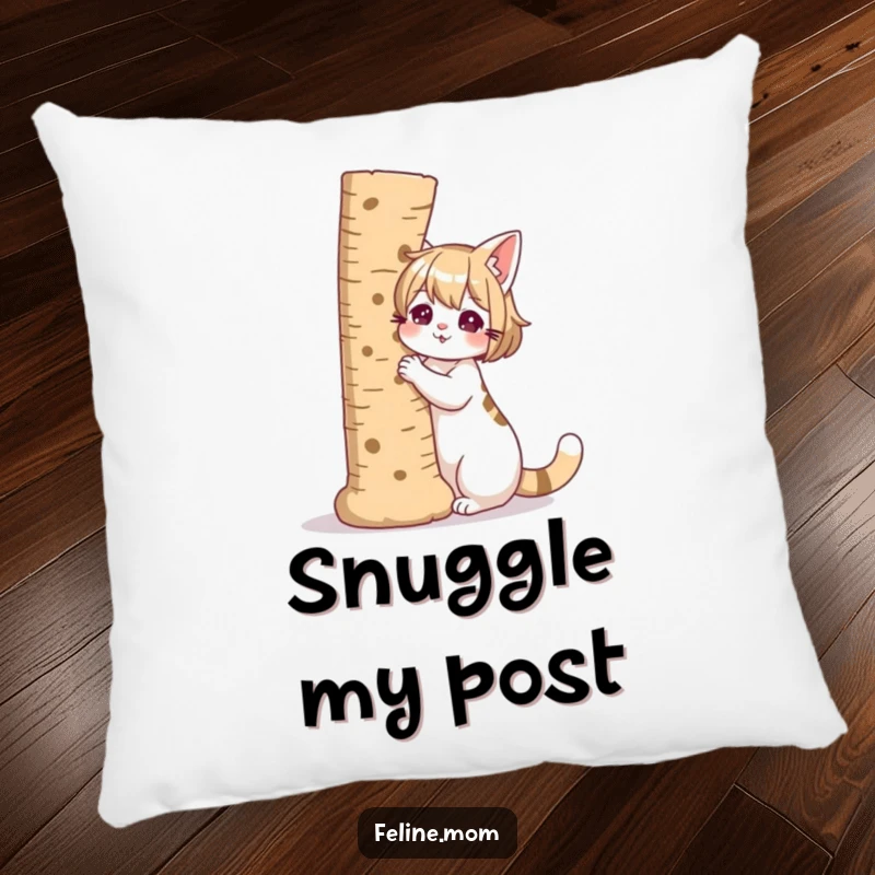 Funny illustration of a cat lady with a giant scratching post as her companion, on a pillow.