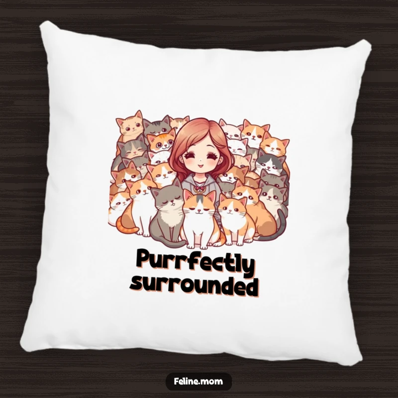 Funny pillow featuring a woman surrounded by a purring mob of cats, looking content. A cozy and humorous decor piece.