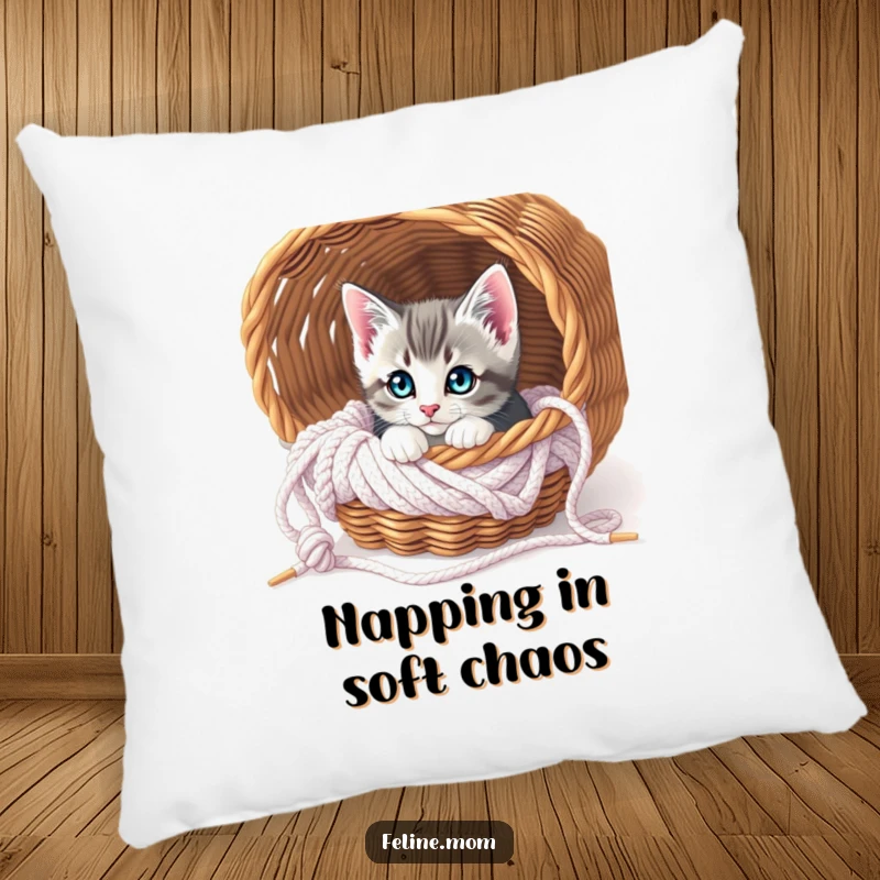 Funny Curious Kitten Knitting Pillow: A soft pillow featuring a kitten peeking from a knitting basket, offering comfort and charm.