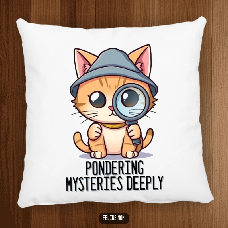 Funny pillow featuring a cat wearing a tiny detective hat and holding a magnifying glass, exuding determination and charm, perfect for gifting.