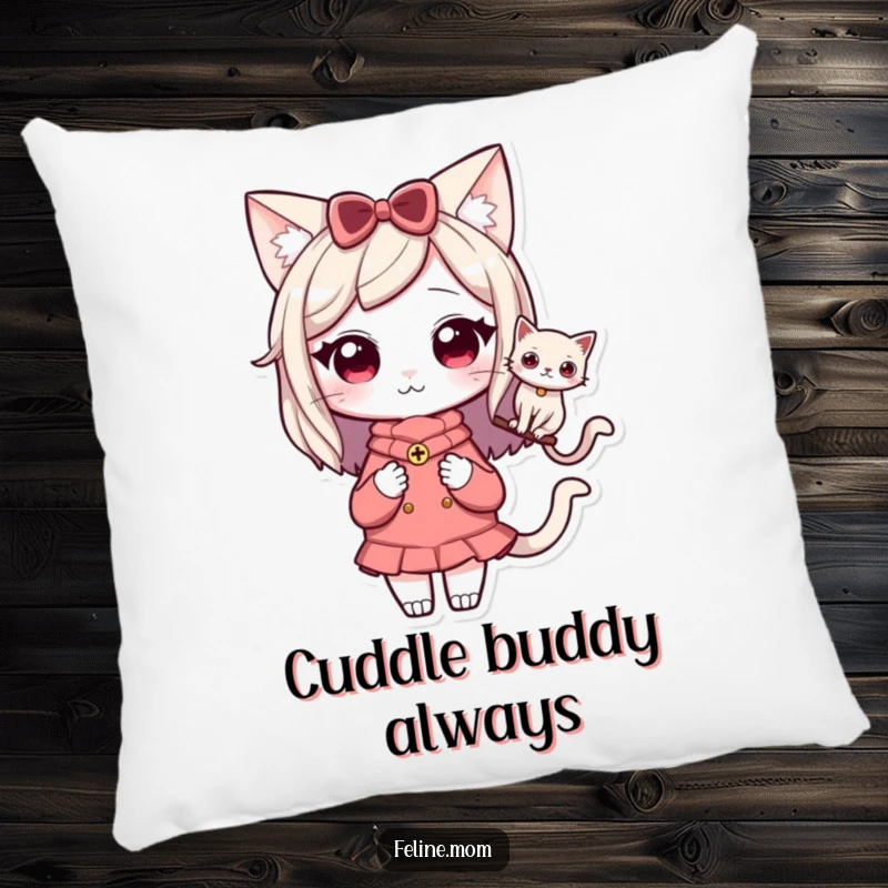 Funny Kawaii Cat Lady Pillow featuring a sweet character with a cat perched on her shoulder, ideal for cozying up.