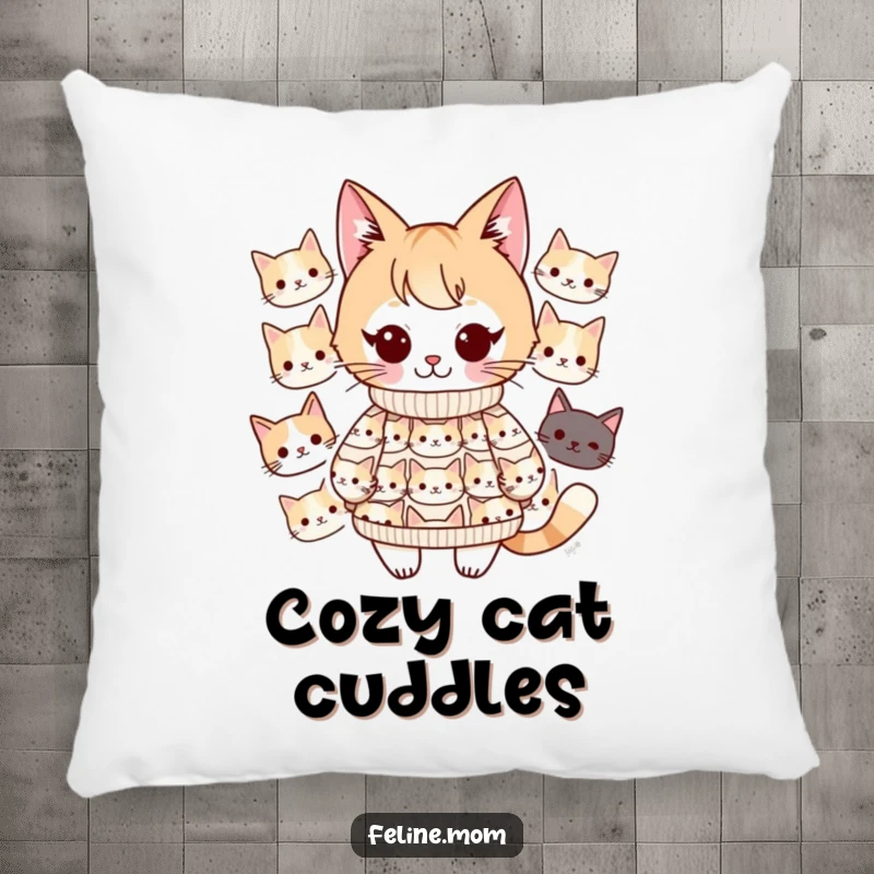 Funny Kawaii cat lady character in a sweater covered in cat faces, presented on a soft, decorative pillow. Ultimate cozy vibes.