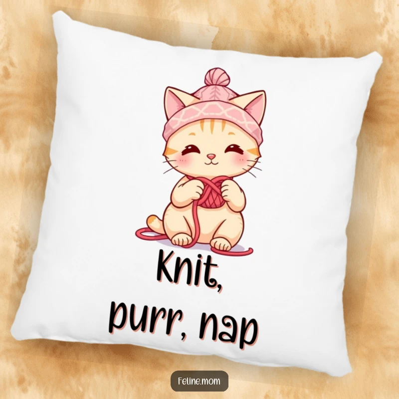 Funny cute cat character wearing a yarn hat, knitting, a soft and comforting funny gift.