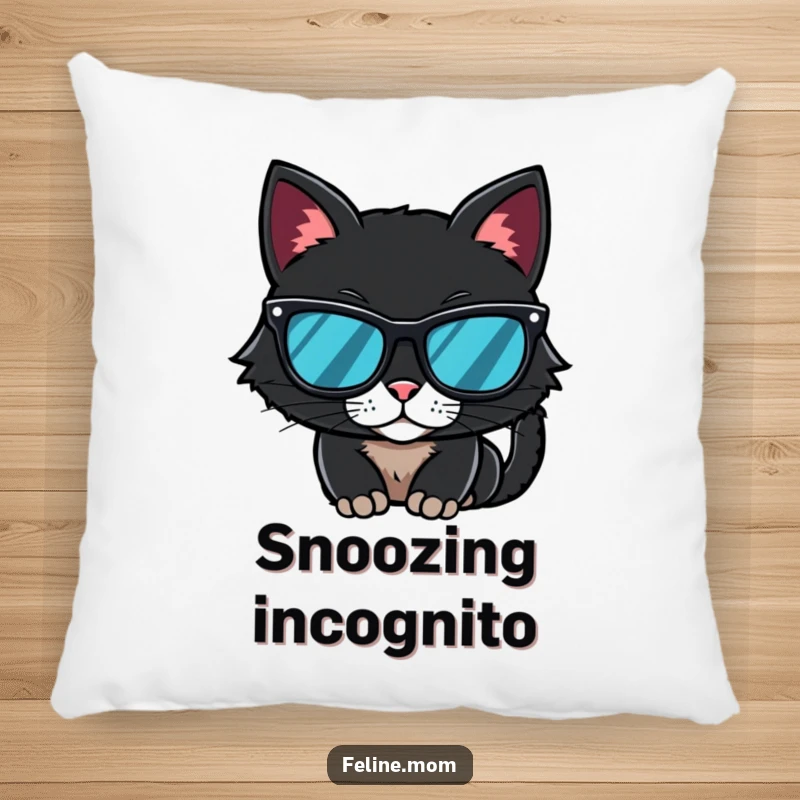 Funny Pillow featuring a black cat wearing sunglasses, offering cozy comfort and a mysterious, cool aesthetic.
