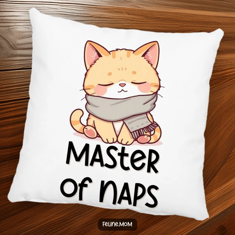 Funny and ultra-soft pillow featuring a napping cat adorned with a small scarf. Ideal for adding comfort and humor to any seating area.