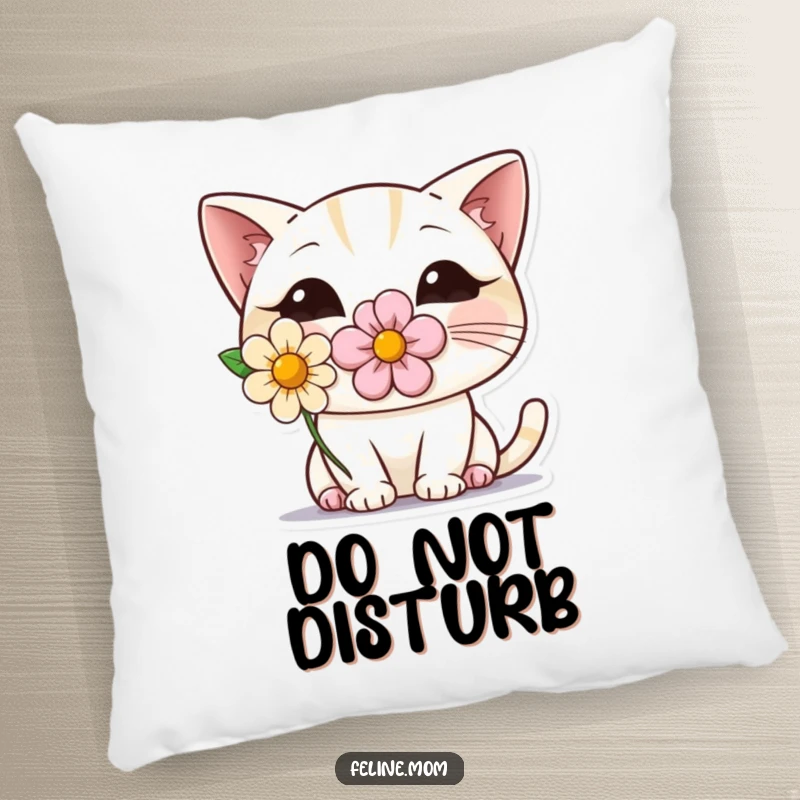 Funny and soft throw pillow featuring a shy cat wearing a flower, peeking from behind with an endearing expression. Perfect for cozy spaces.