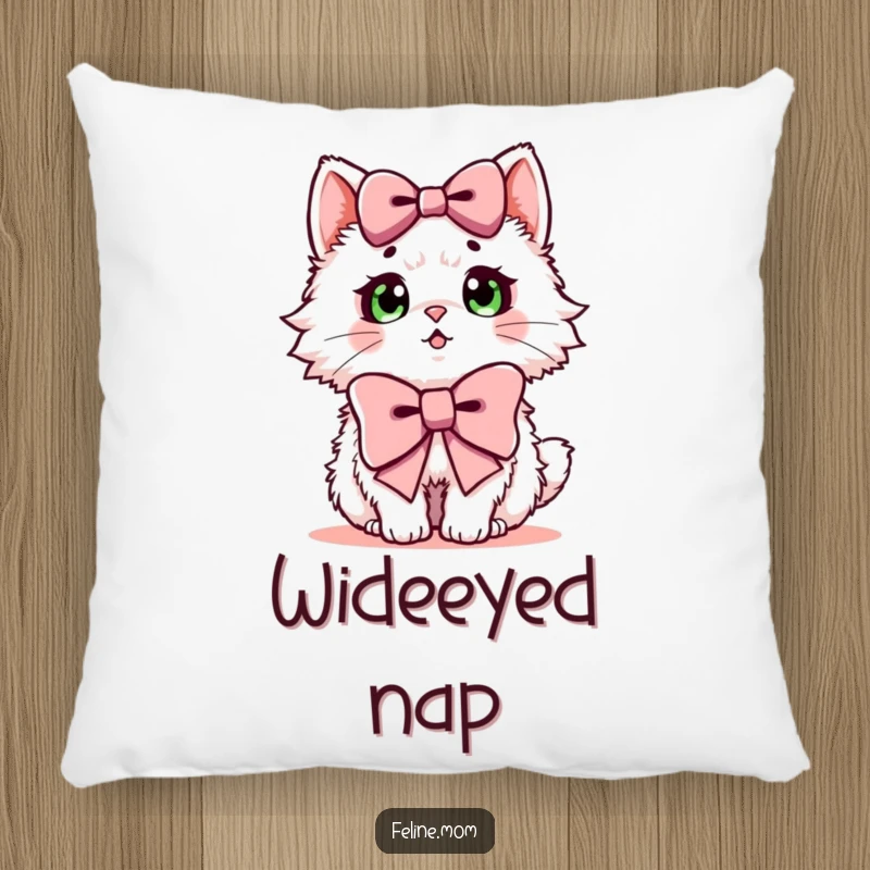 Funny pillow with a fluffy cat looking surprised, wearing a large bow, perfect for decoration and comfort.