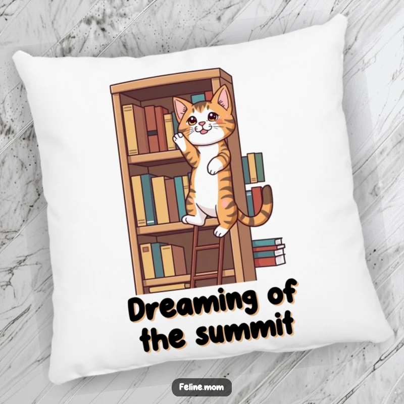 Funny determined tabby cat climbing a tall bookshelf, a soft and comforting funny gift.