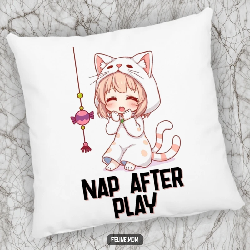 Funny pillow with a woman dressed as a cat, playfully batting at a dangling toy. A cozy and humorous decor piece.