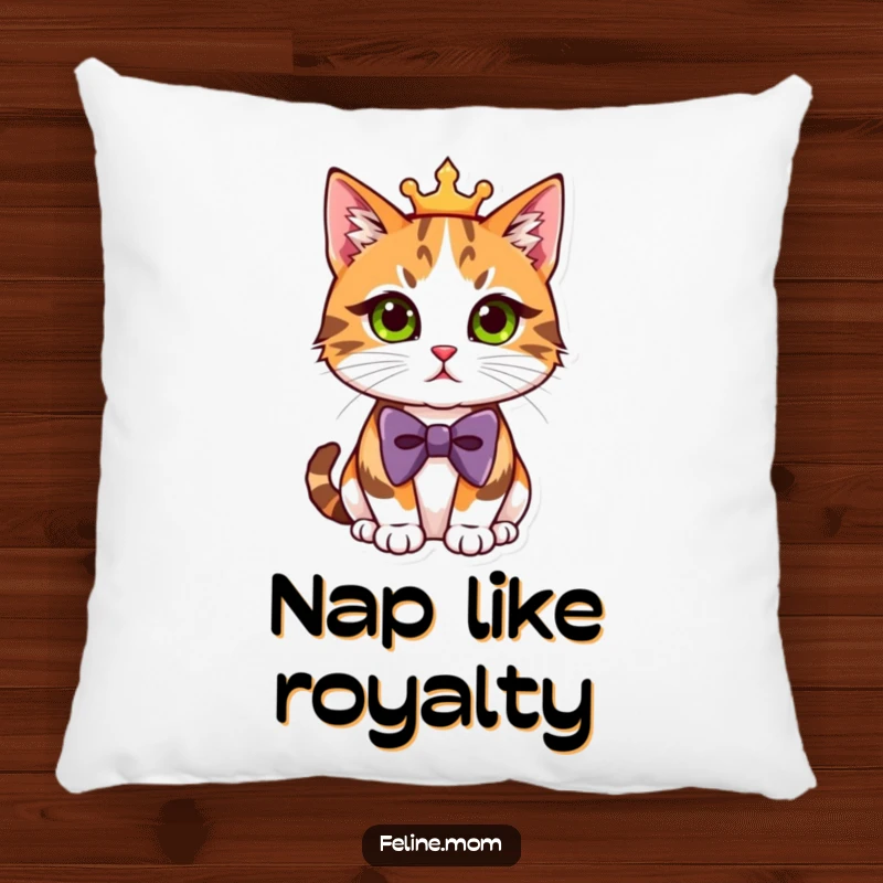 Funny Pillow featuring a regal calico cat in a smart bowtie, offering cozy comfort and sophisticated humor.