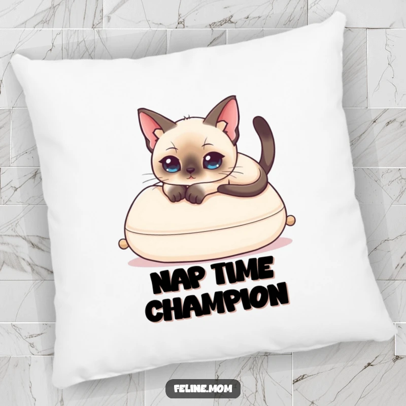 Funny Siamese Cat Pillow featuring an elegant cat comfortably lounging on a plush surface, adding humorous charm to any seat.