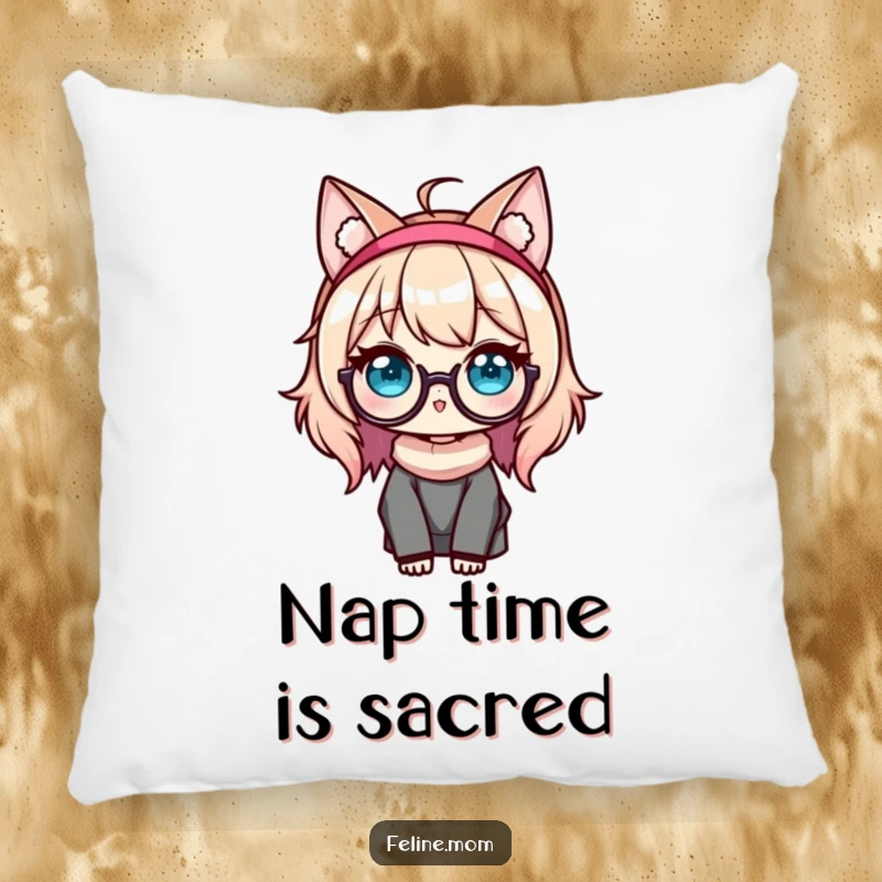 Funny Kawaii Cat Lady Pillow featuring a sweet character with cat ears and glasses, designed for comfort and charming decor.