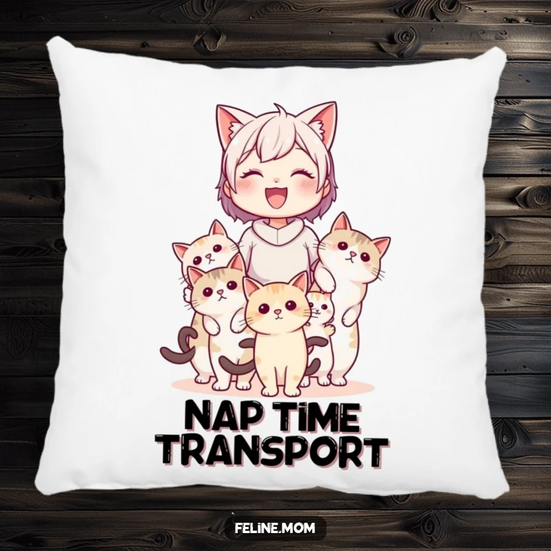 Funny cat lady character being carried by several cats on a soft pillow, providing comfort and humorous feline-themed decor.