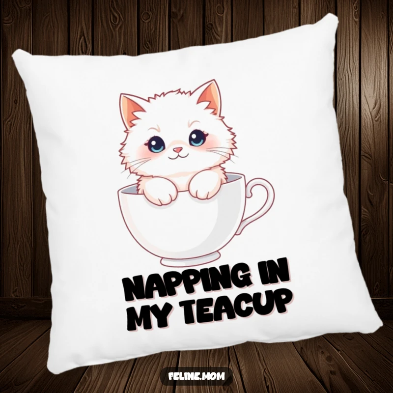 Funny Fluffy Cat Teacup Pillow: A soft white cat relaxes in a giant teacup, offering comfort and a touch of playful charm.