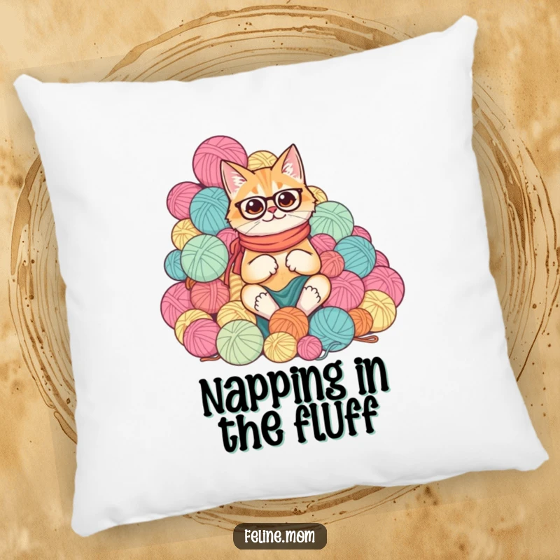 Funny cat lady surrounded by a comical, huge mountain of yarn balls on a soft, decorative pillow.