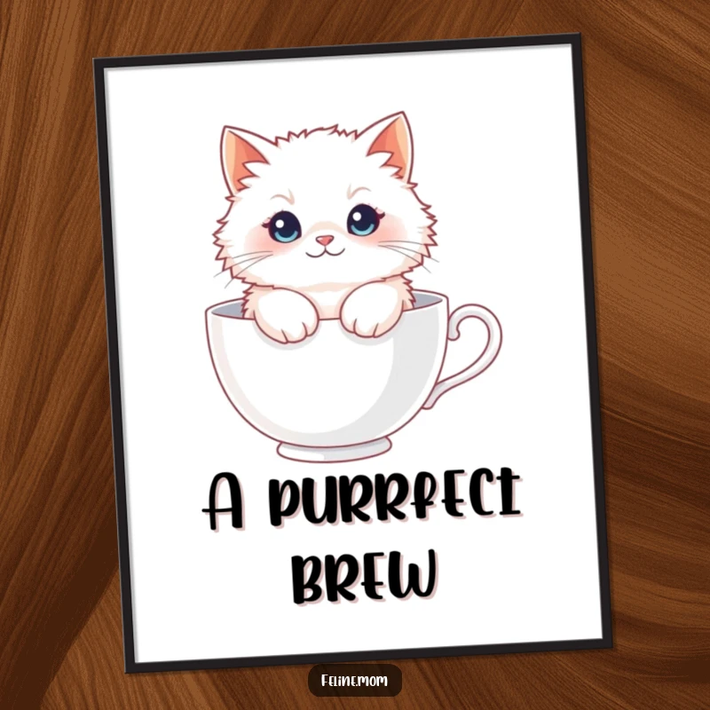 Funny Fluffy Cat Teacup Digital Art Print: A digital artwork of a fluffy white cat sitting comfortably in a giant teacup.