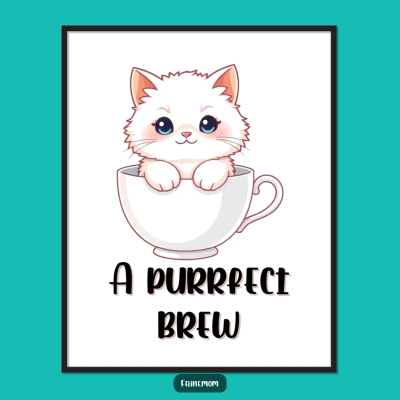 Funny Fluffy Cat Teacup Digital Art - Instant Whimsical Decor