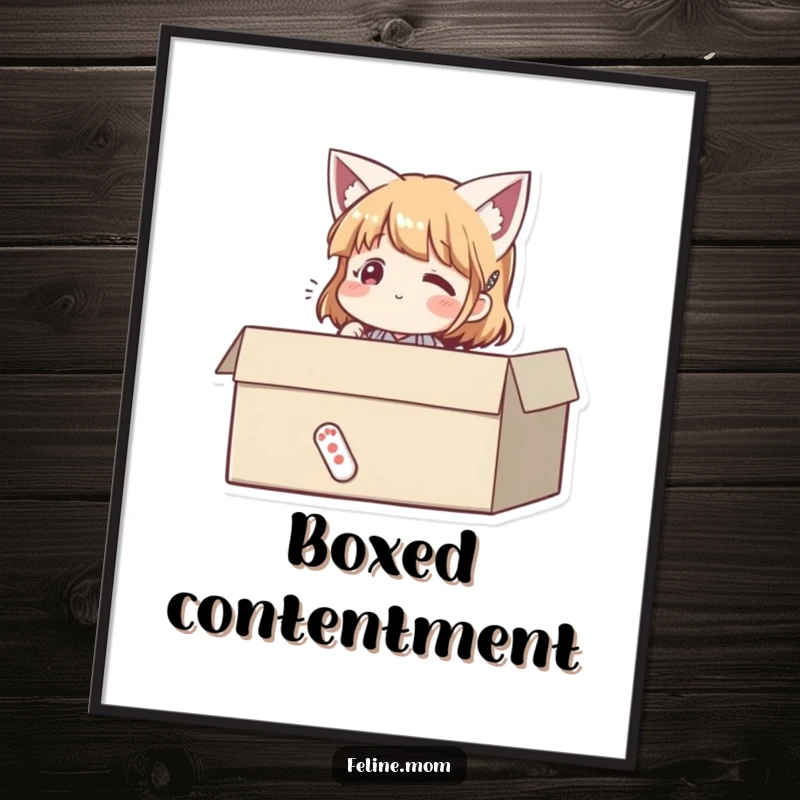 Funny digital art print of a woman sitting contentedly in a cardboard box, looking happy. Instant humorous decor.