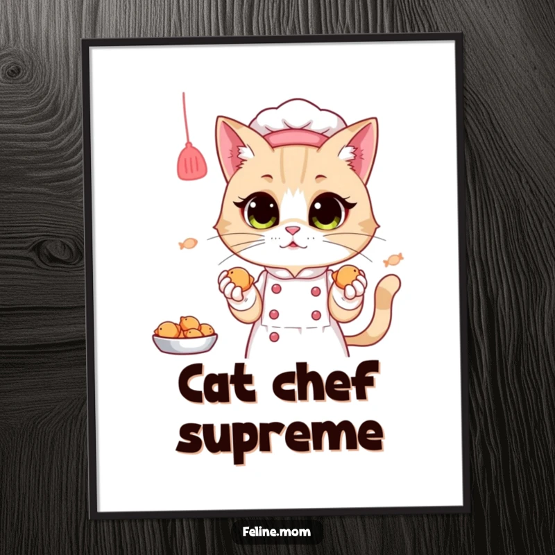 Funny Digital Art Print: A cat lady chef proudly offers tiny fish treats, bringing joy and humor to any room.