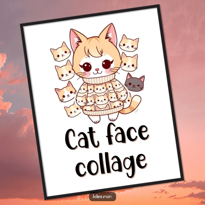 Funny Kawaii cat lady character wearing an all-over cat face sweater, presented as a digital art print for easy download and display.