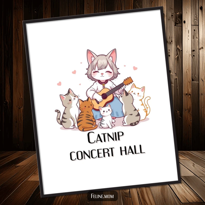 Funny Digital Art Print: A cat lady plays a small guitar for attentive cats, creating a joyful scene.