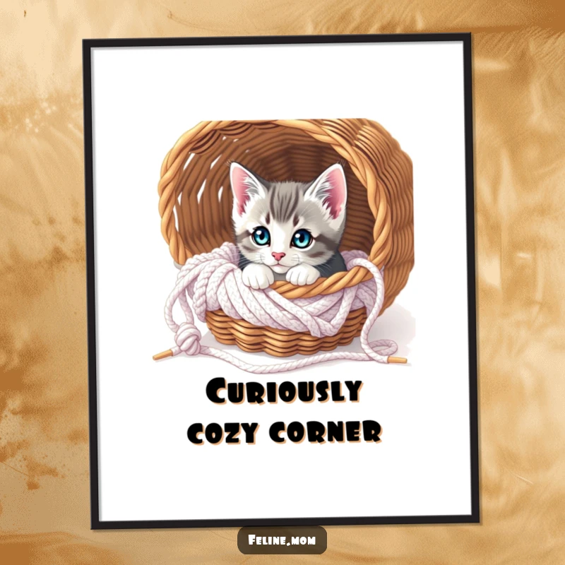 Funny Curious Kitten Knitting Digital Art Print: A digital artwork of a curious kitten peering out from a knitting basket filled with yarn.