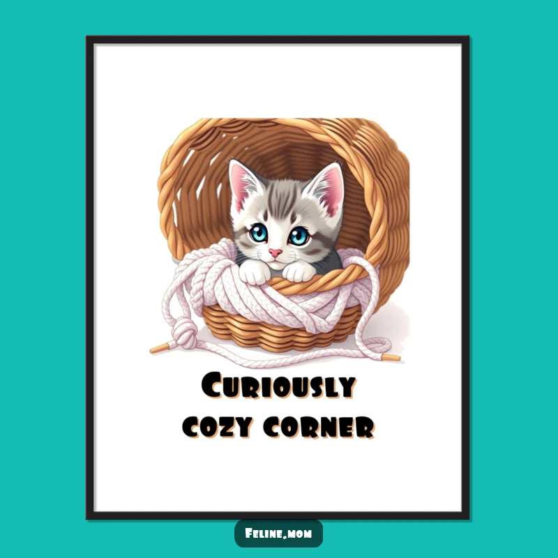 Funny Curious Kitten Knitting Digital Art - Instant Cute Decor