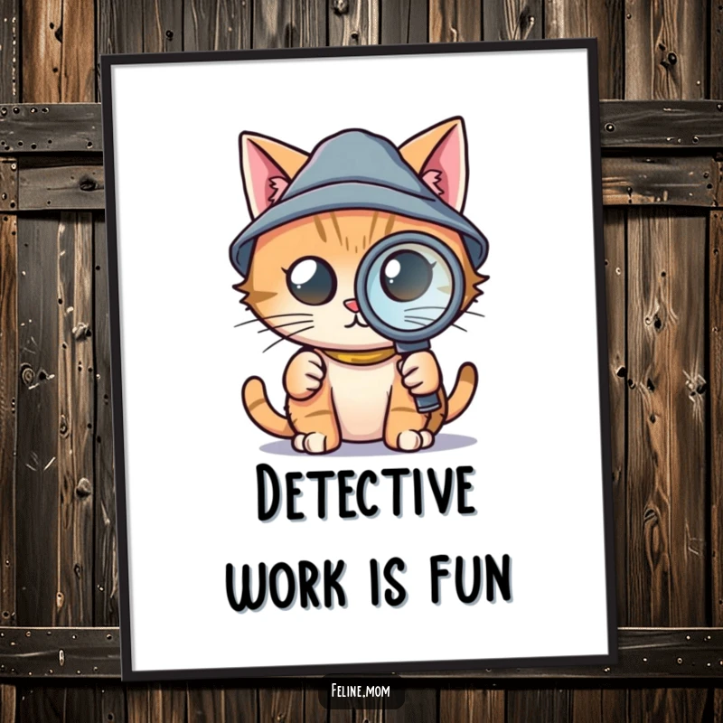 Funny digital art print of a cat wearing a tiny detective hat and holding a magnifying glass, looking intently, perfect for adding mystery and as a funny gift.
