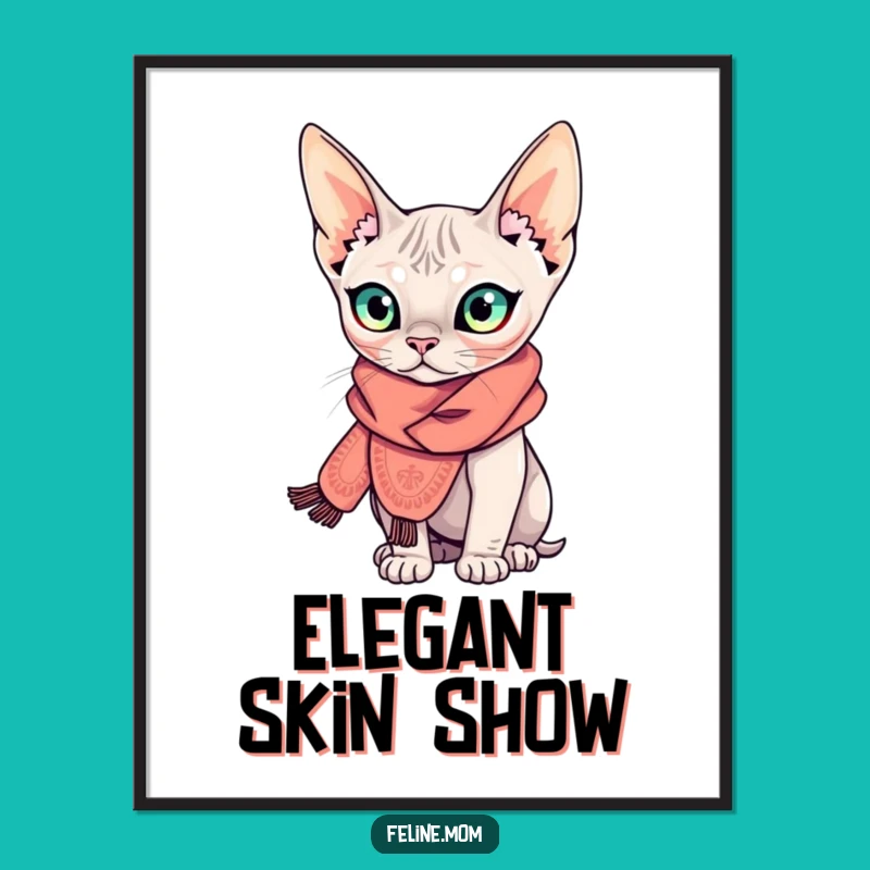 Funny Sphynx Cat Digital Art: Scarfed Feline, Chic Print Gift