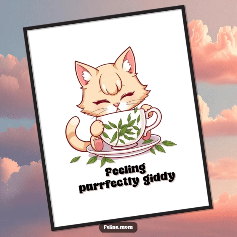 Funny illustration of a cat lady attempting to drink from a teacup filled with catnip, as digital art.