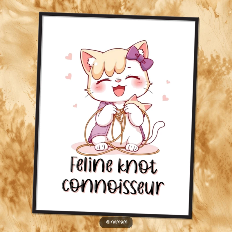 Funny cat lady joyfully untangling a cat from a string, ready as a downloadable art print.