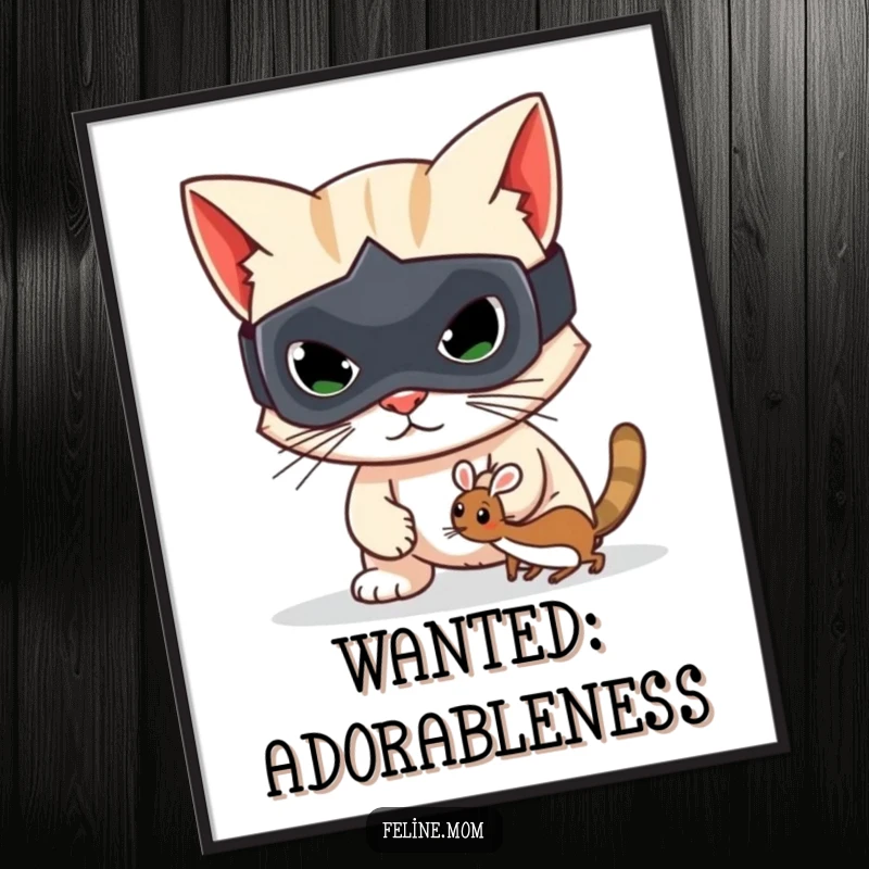 Funny digital art print of a mischievous cat bandit in a mask, holding a toy mouse, instant download.