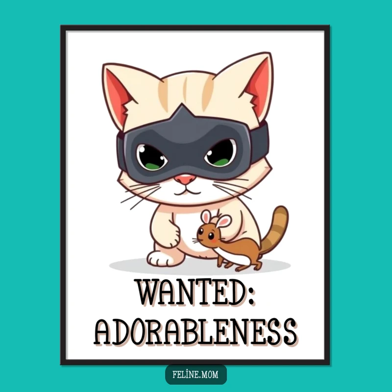 Funny Bandit Cat Digital Art: Mischievous Art Print, Toy Mouse Sneak, Instant Download!