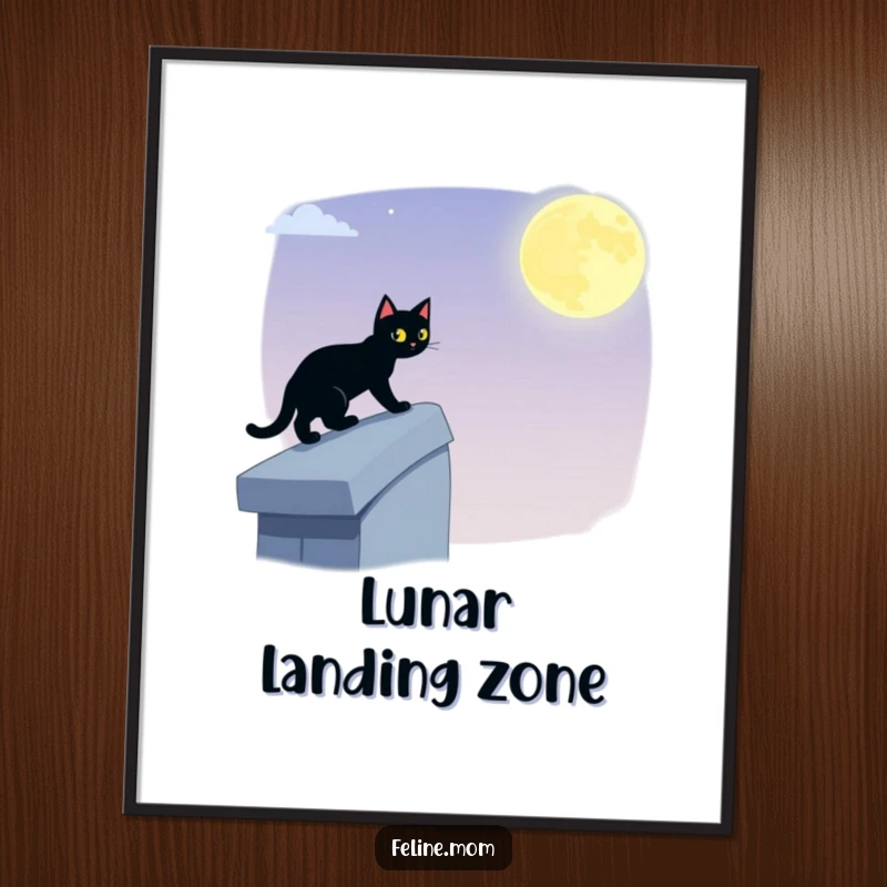 Funny black cat digital art print of a stealthy feline crossing a moonlit rooftop, embodying silent, hilarious nocturnal adventure for any display.