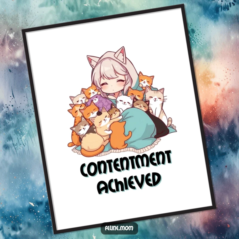 Funny Cat Lady digital art print showing a woman in a blanket being cuddled by many cats. Instant download for warm, humorous decor.