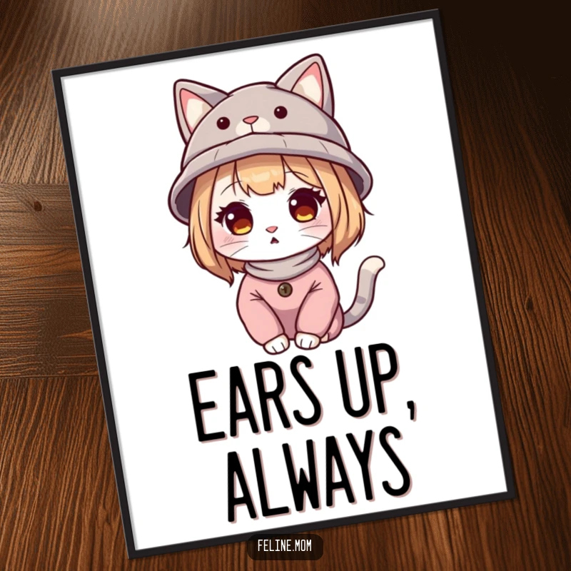 Funny cat lady illustration wearing a hat with cat ears, as a high-resolution digital art file.