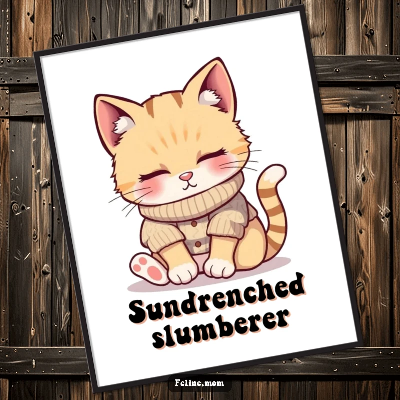 Funny digital art print of a cat in a knitted sweater, sleeping soundly in a sunbeam, radiating peace and comfort, perfect for gifting.