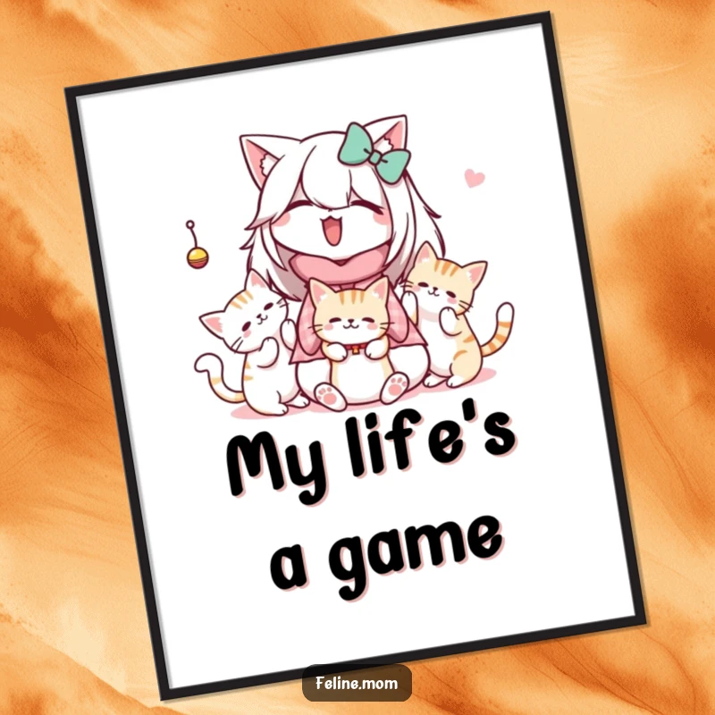 Funny Kawaii Cat Lady Digital Art showing a cute character with cats batting at a dangling toy, perfect for playful decor.