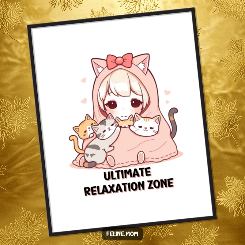 Funny Kawaii Cat Lady Digital Art showing a cute character sharing a warm blanket with cats, perfect for cozy decor.