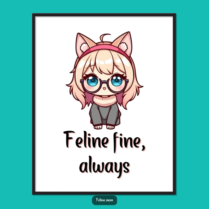 Funny Kawaii Cat Lady Digital Art: Glasses & Cat Ears Decor, Instant Funny Gift