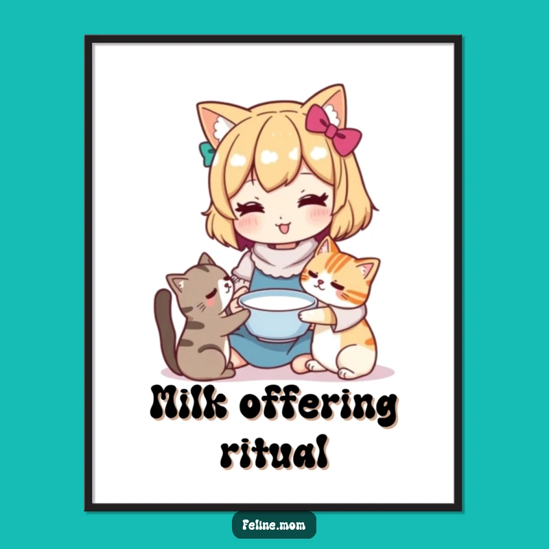 Funny Kawaii Cat Lady Digital Art: Instant Download of Cat Milk Offering Scene