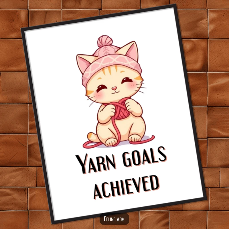 Funny cute cat character in a tiny yarn hat, knitting, bringing crafty charm, a funny gift.