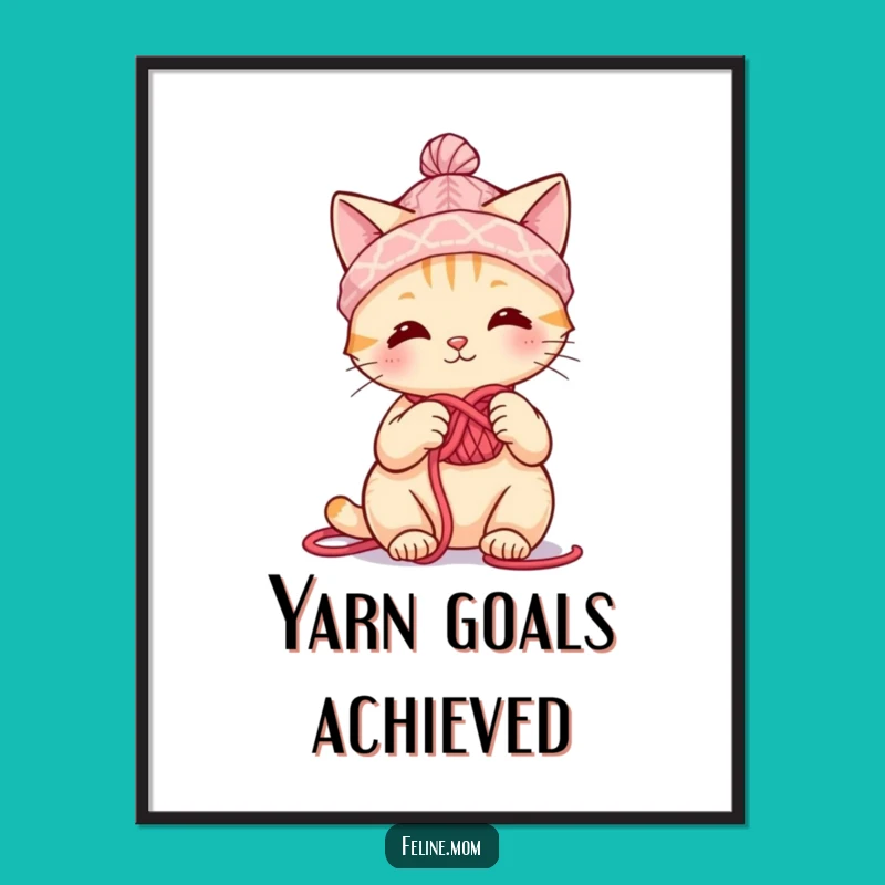 Funny Knitting Cat Digital Print: Yarn Hat Crafter's Art Piece