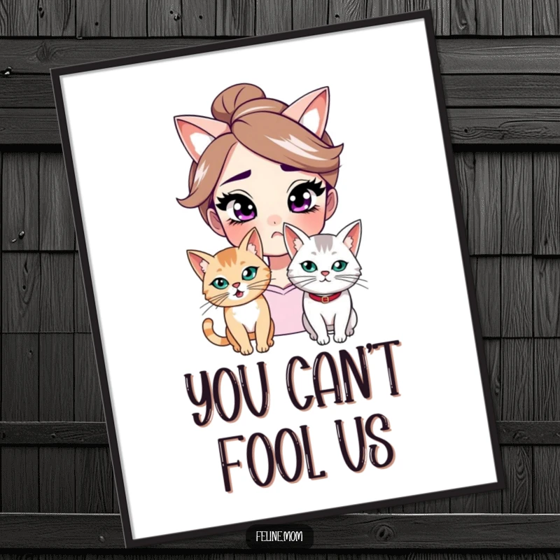 Funny digital art print of a woman with a knowing smirk and a mischievous cat, conveying playful conspiracy and humor for instant decor.