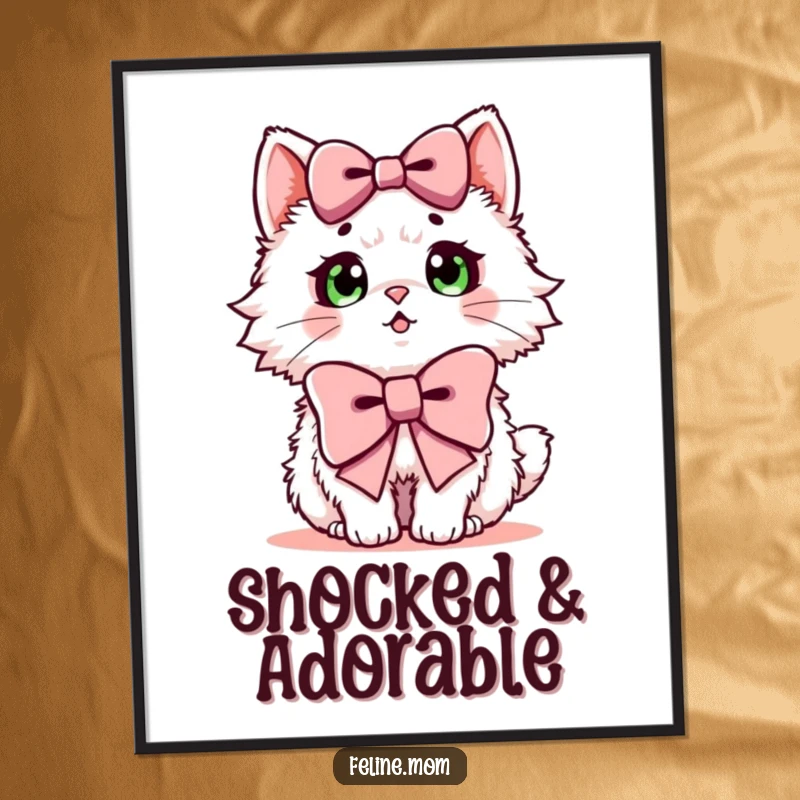 Funny digital art print of a fluffy cat looking surprised, wearing a large bow, instant download.