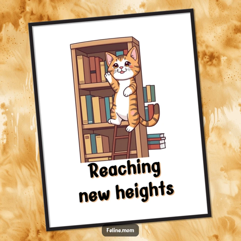 Funny determined tabby cat climbing a tall bookshelf, bringing motivational charm, a funny gift.